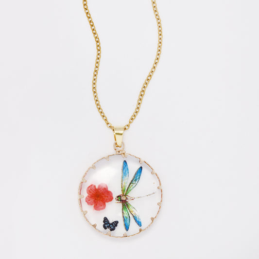 SSYN7439 - Steel 40cm + 5cm round dragonfly resin necklace