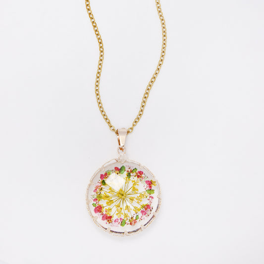 SSYN7441 - Steel 40cm + 5cm round floral resin necklace
