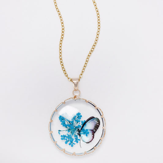 SSYN7446 - Steel 40cm + 5cm round butterfly floral resin necklace