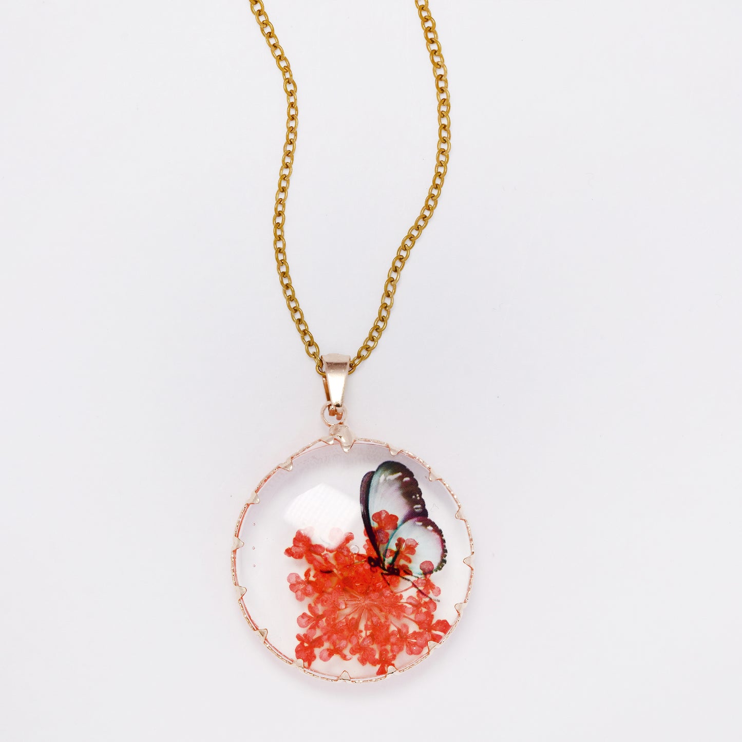SSYN7446 - Steel 40cm + 5cm round butterfly floral resin necklace