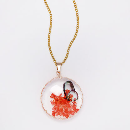SSYN7446 - Steel 40cm + 5cm round butterfly floral resin necklace