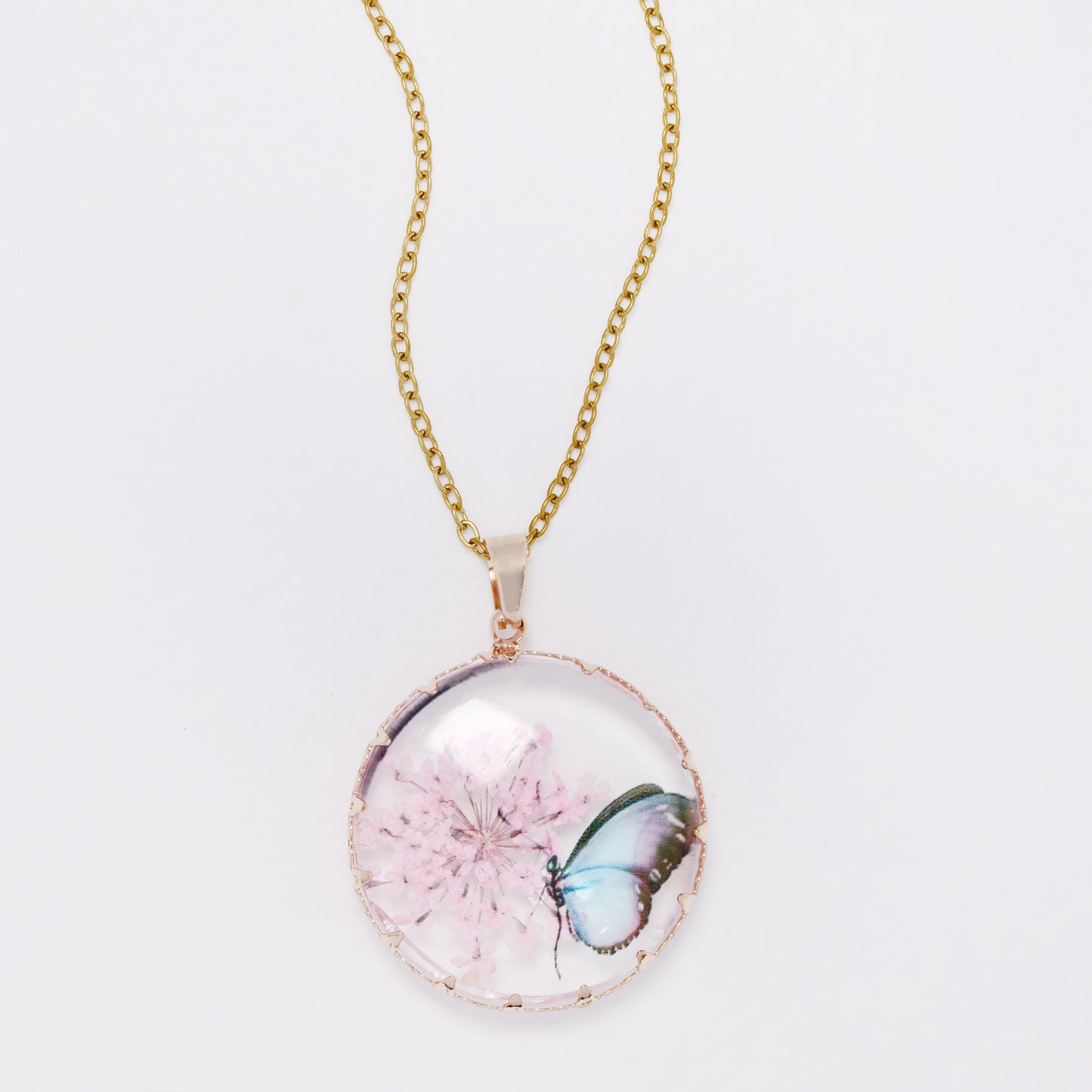 SSYN7446 - Steel 40cm + 5cm round butterfly floral resin necklace