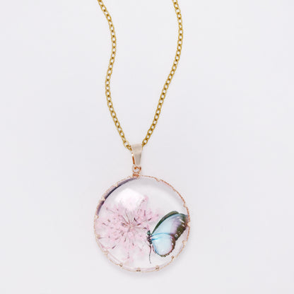 SSYN7446 - Steel 40cm + 5cm round butterfly floral resin necklace