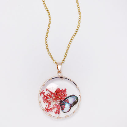 SSYN7446 - Steel 40cm + 5cm round butterfly floral resin necklace