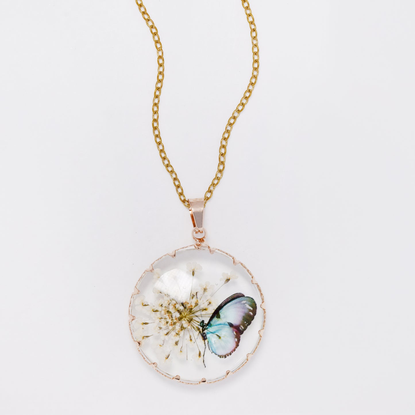 SSYN7446 - Steel 40cm + 5cm round butterfly floral resin necklace