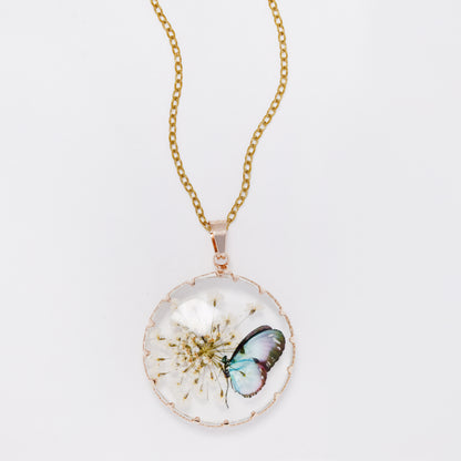 SSYN7446 - Steel 40cm + 5cm round butterfly floral resin necklace