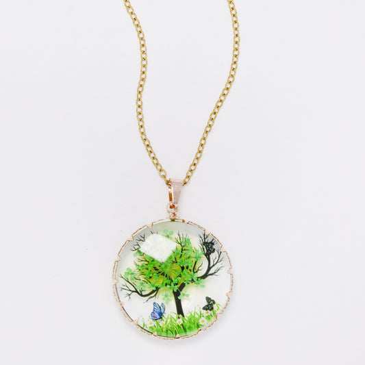 SSYN7448 - Steel 40cm + 5cm round tree & butterfly resin necklace