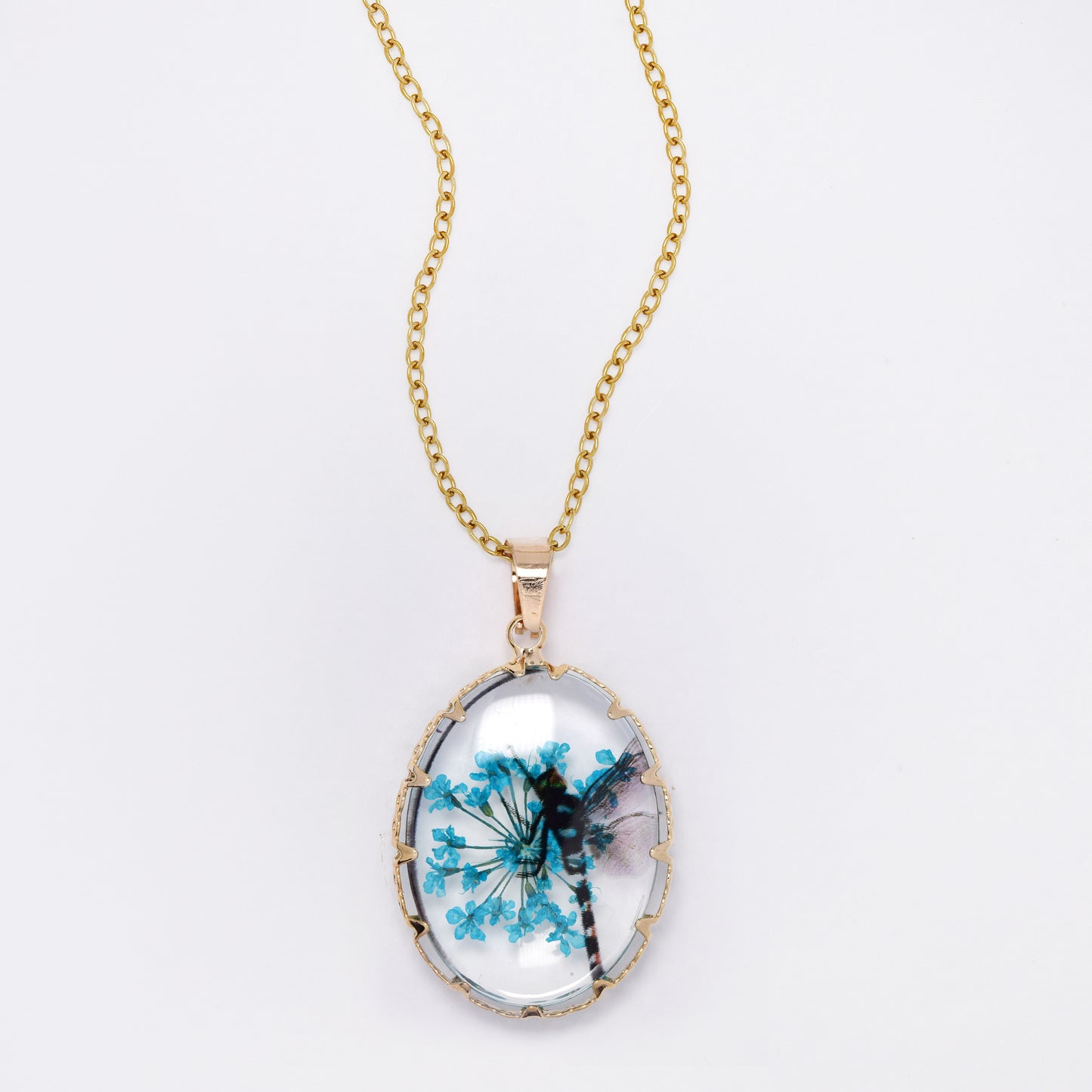 SSYN7450 - Steel 40cm + 5cm oval dragonfly floral resin necklace