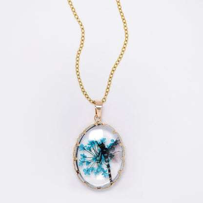 SSYN7450 - Steel 40cm + 5cm oval dragonfly floral resin necklace