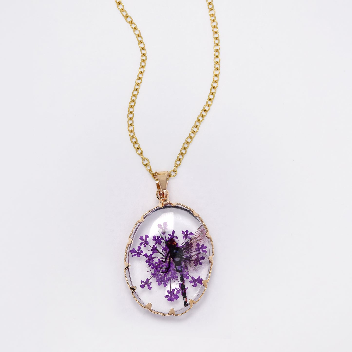 SSYN7450 - Steel 40cm + 5cm oval dragonfly floral resin necklace
