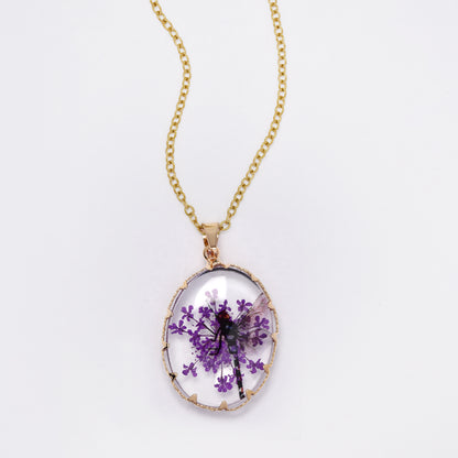 SSYN7450 - Steel 40cm + 5cm oval dragonfly floral resin necklace