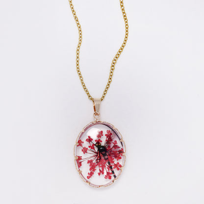 SSYN7450 - Steel 40cm + 5cm oval dragonfly floral resin necklace