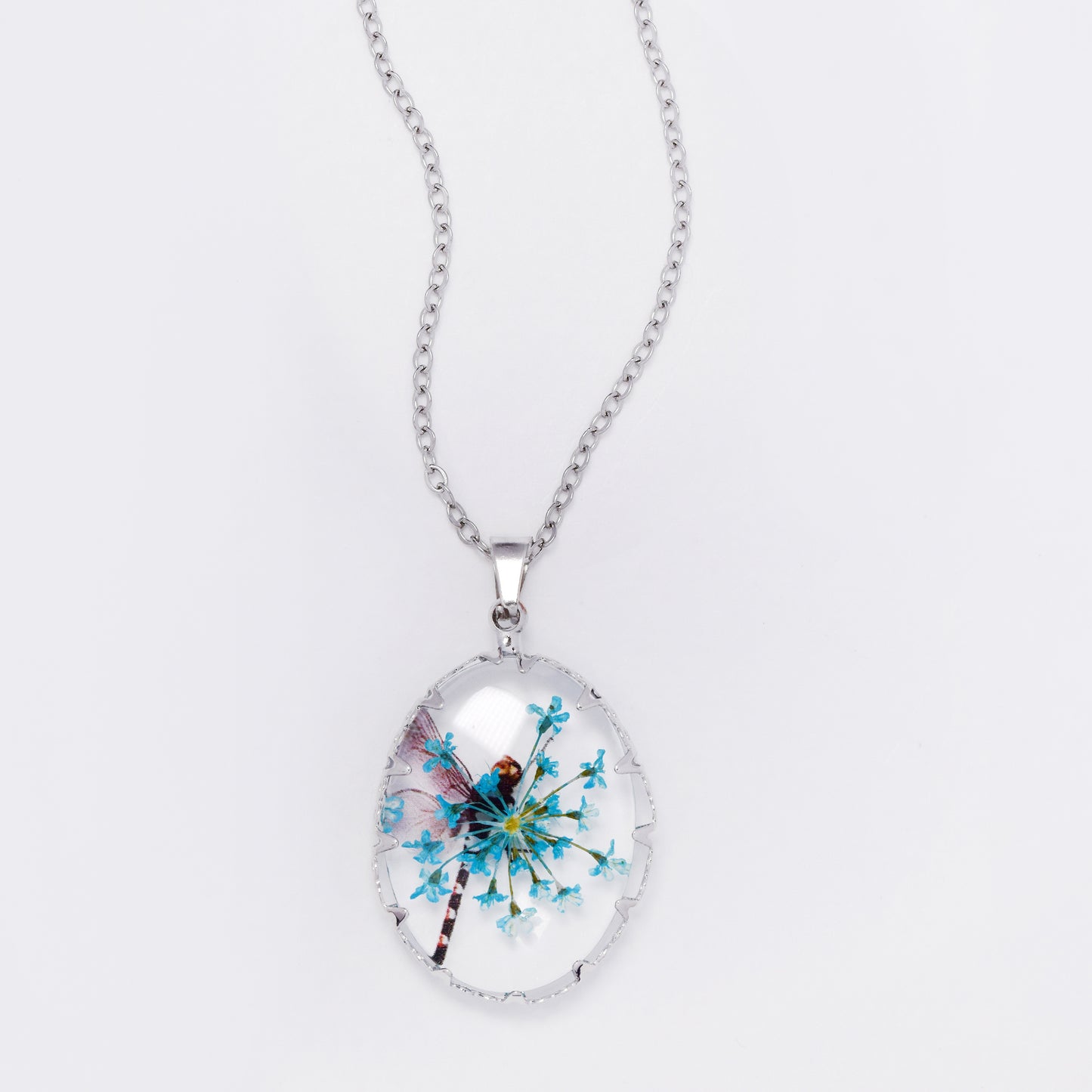 SSYN7450 - Steel 40cm + 5cm oval dragonfly floral resin necklace