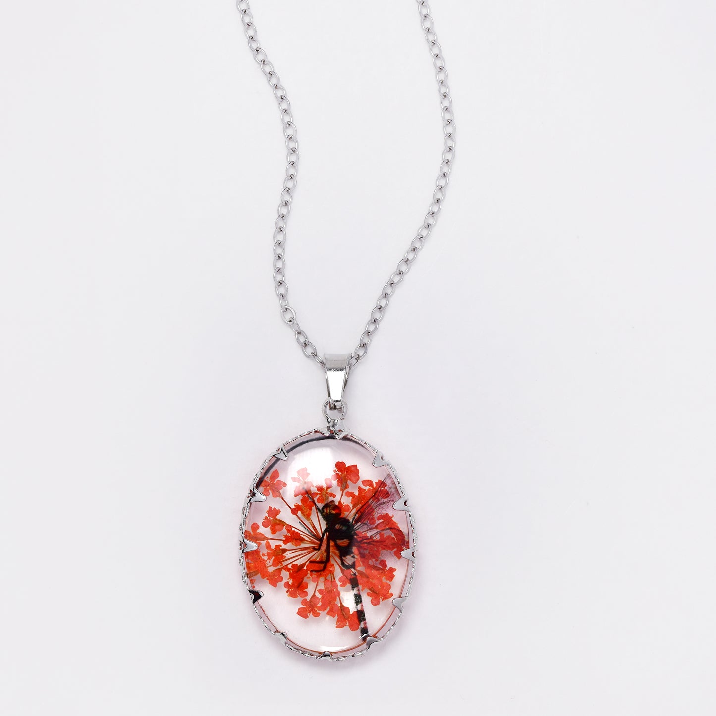 SSYN7450 - Steel 40cm + 5cm oval dragonfly floral resin necklace