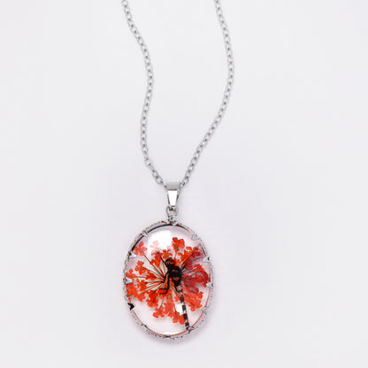 SSYN7450 - Steel 40cm + 5cm oval dragonfly floral resin necklace