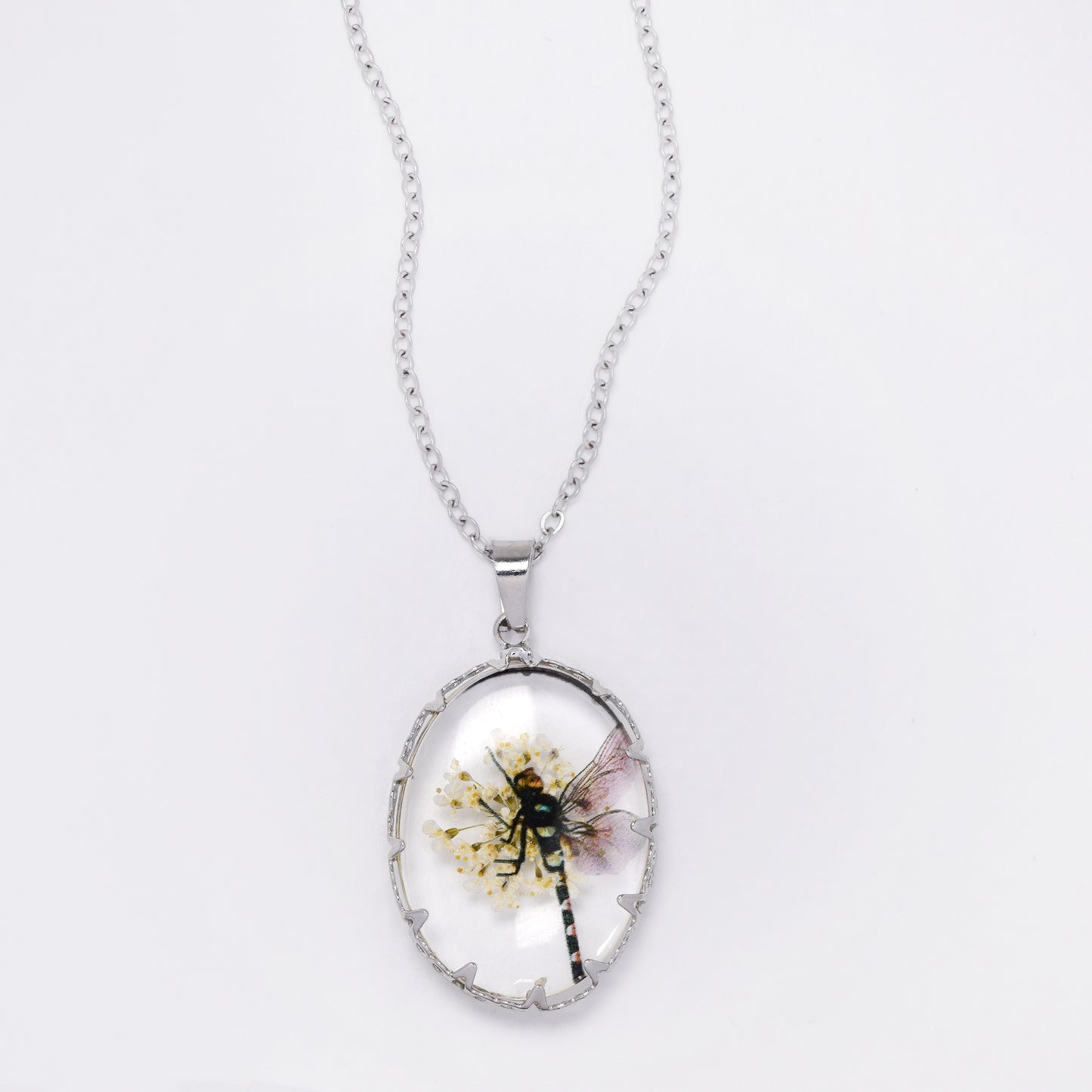 SSYN7450 - Steel 40cm + 5cm oval dragonfly floral resin necklace