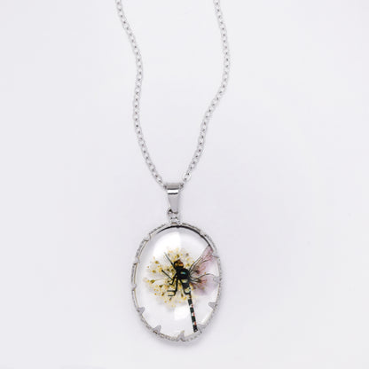 SSYN7450 - Steel 40cm + 5cm oval dragonfly floral resin necklace