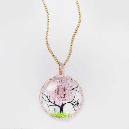 SSYN7451 - Steel 40cm + 5cm round tree & butterfly resin necklace