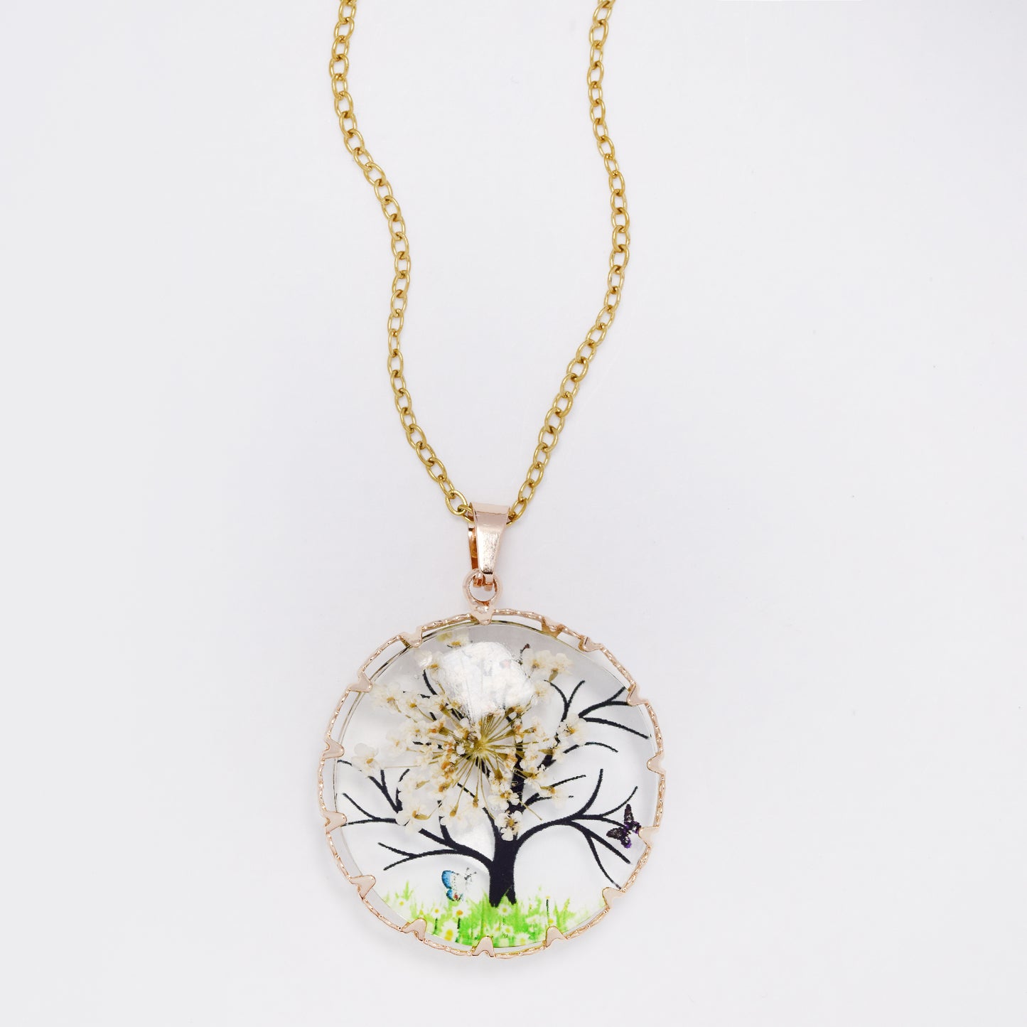 SSYN7451 - Steel 40cm + 5cm round tree & butterfly resin necklace