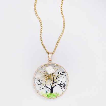 SSYN7451 - Steel 40cm + 5cm round tree & butterfly resin necklace