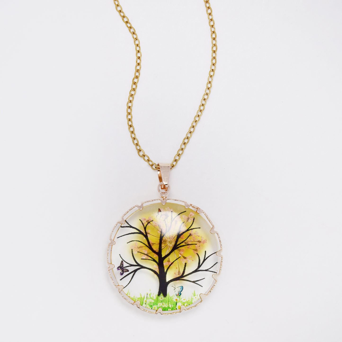 SSYN7451 - Steel 40cm + 5cm round tree & butterfly resin necklace