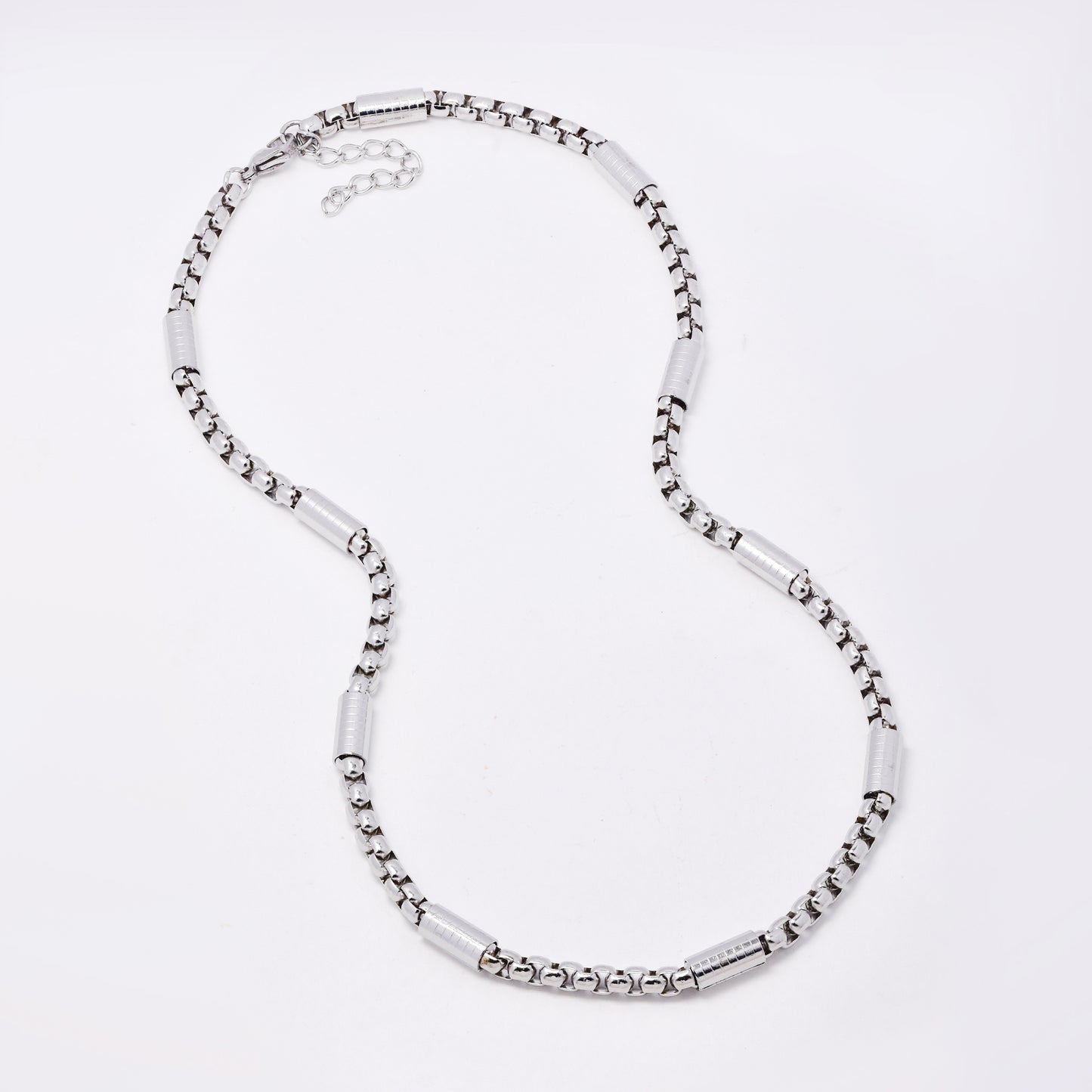 SSYN7769 - Steel 51cm + 5cm x 6mm cylinder & rolo link necklace