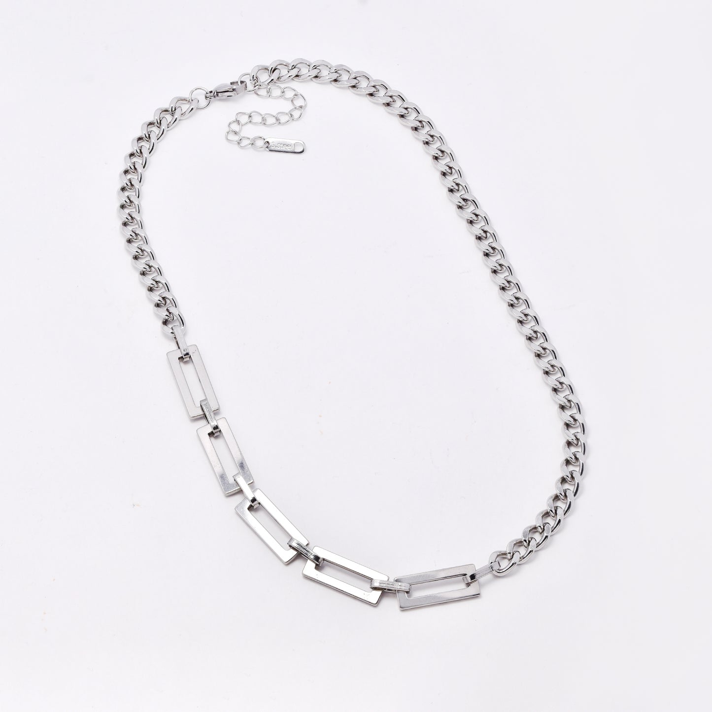 SSYN7777 - Steel 41cm +  5cm x 6.5mm & 8mm section mixed link necklace