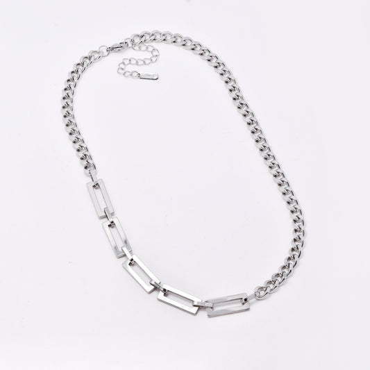 SSYN7777 - Steel 41cm +  5cm x 6.5mm & 8mm section mixed link necklace