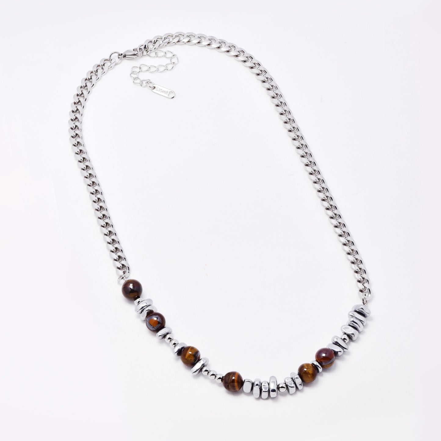 SSYN7781 - Steel 46cm + 5cm x 6mm natural stone & organic shaped bead necklace