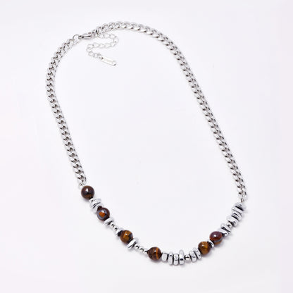 SSYN7781 - Steel 46cm + 5cm x 6mm natural stone & organic shaped bead necklace