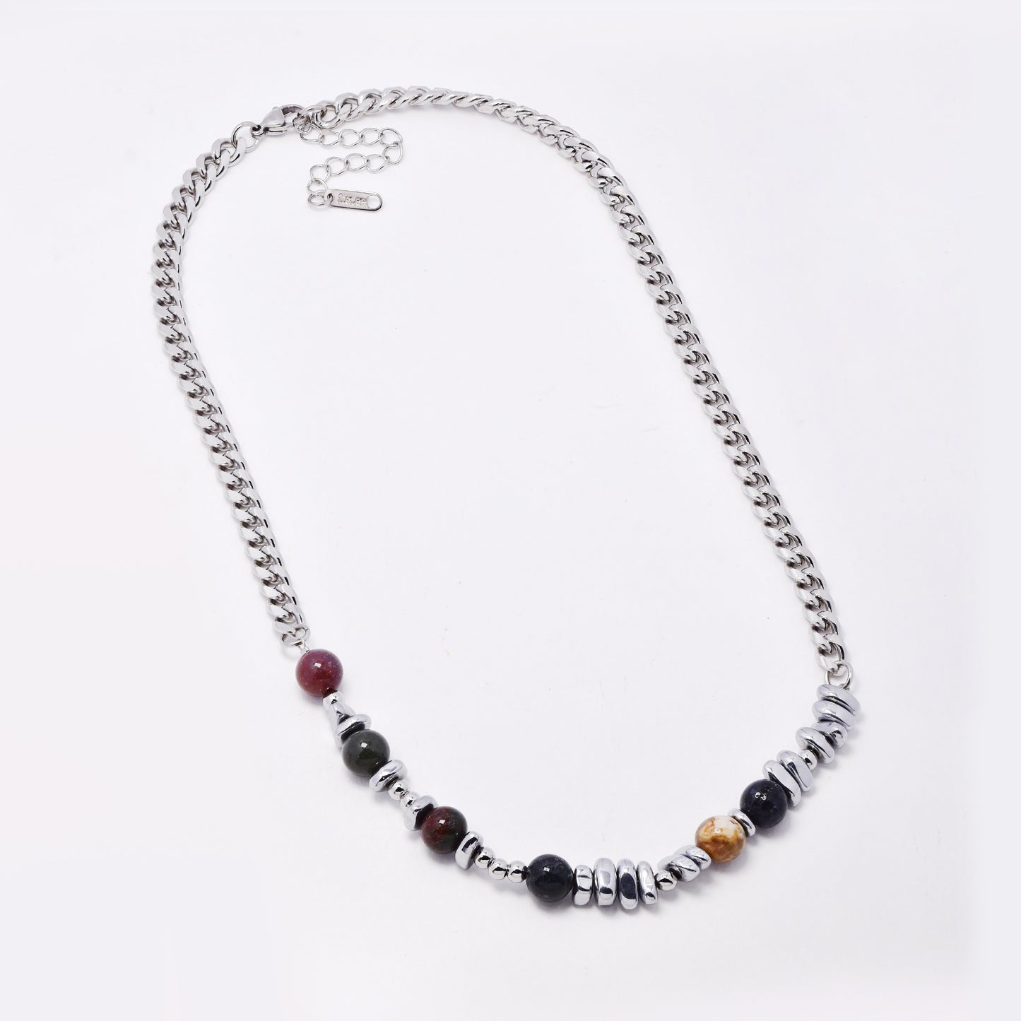 SSYN7781 - Steel 46cm + 5cm x 6mm natural stone & organic shaped bead necklace