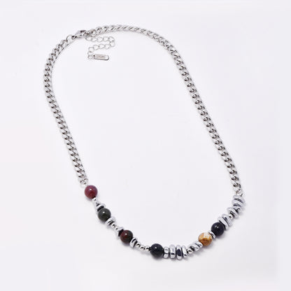 SSYN7781 - Steel 46cm + 5cm x 6mm natural stone & organic shaped bead necklace