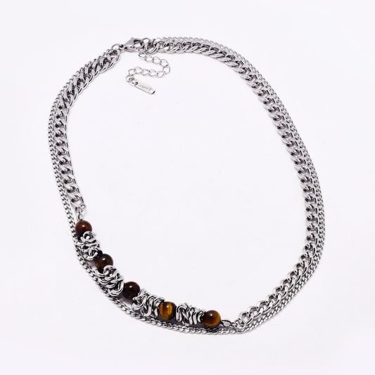 SSYN7791 - Steel  45cm + 5cm x 7mm natural stone fancy layered necklace