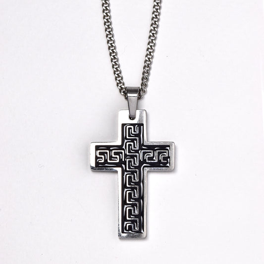 Stainless steel Grecian pattern with enamel cross pendant on chain - SSYP067