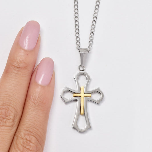Stainless steel two tone cutout cross pendant - SSYP095