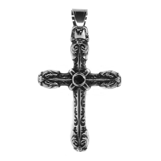Stainless steel detailed cross pendant with black stone - SSYP2171
