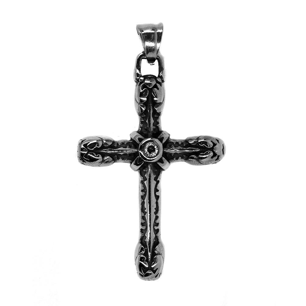 Stainless steel detailed cross pendant with black stone