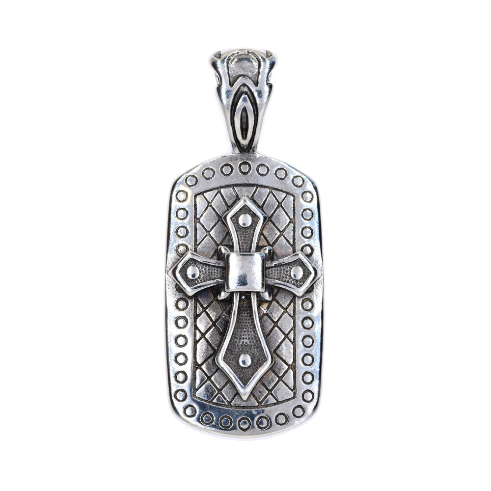 Stainless steel oxidized cross on disk pendant
