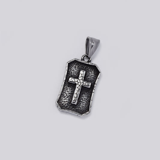 Stainless steel oxidized rectangular disk with cross inside pendant - SSYP5457