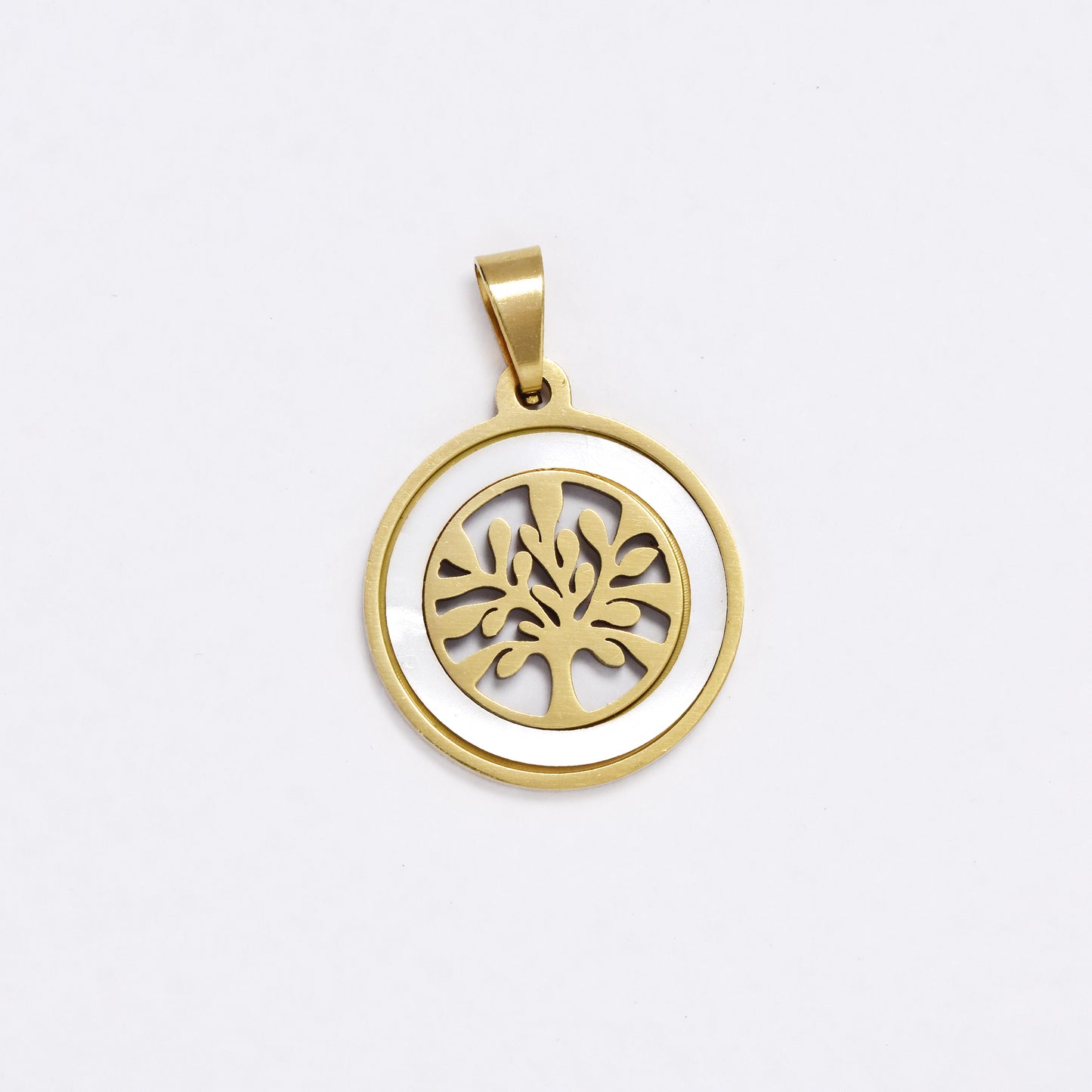 SSYP6074 - St Steel 20mm round shell tree of life disk pendant