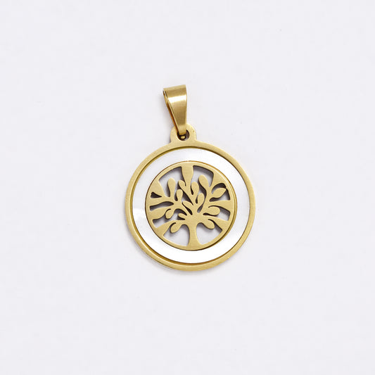 SSYP6074 - St Steel 20mm round shell tree of life disk pendant