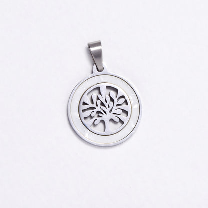 SSYP6074 - St Steel 20mm round shell tree of life disk pendant