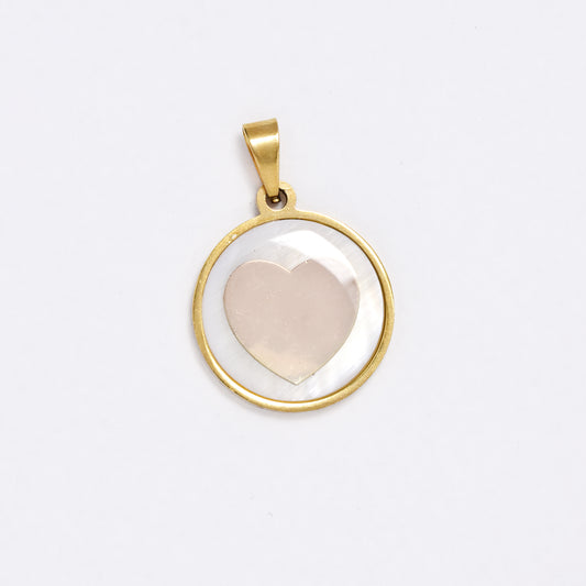 SSYP6075 - St Steel 20mm round shell disk with heart pendant