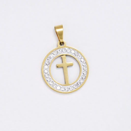 SSYP6077 - St Steel 20mm round CZ disk with cross pendant