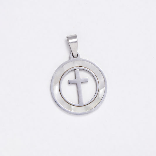 SSYP6078 - St Steel 20mm round shell disk with plain cross  pendant