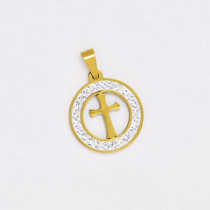 SSYP6447 - St Steel 20mm crystal circle cross pendant