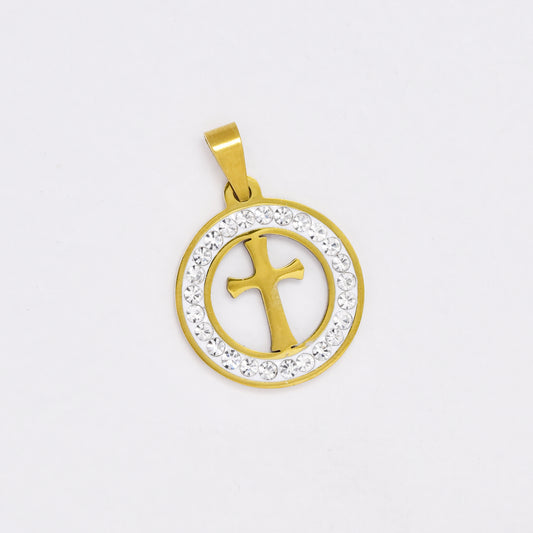 SSYP6447 - St Steel 20mm crystal circle cross pendant