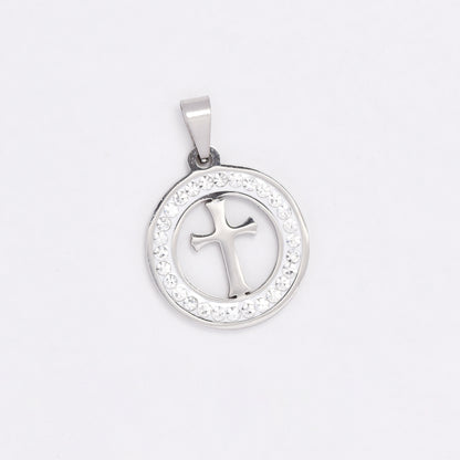 SSYP6447 - St Steel 20mm crystal circle cross pendant