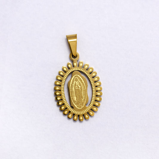 SSYP7187 - Steel 25mm x 18mm oval Virgin Mary pendant with teardrop border