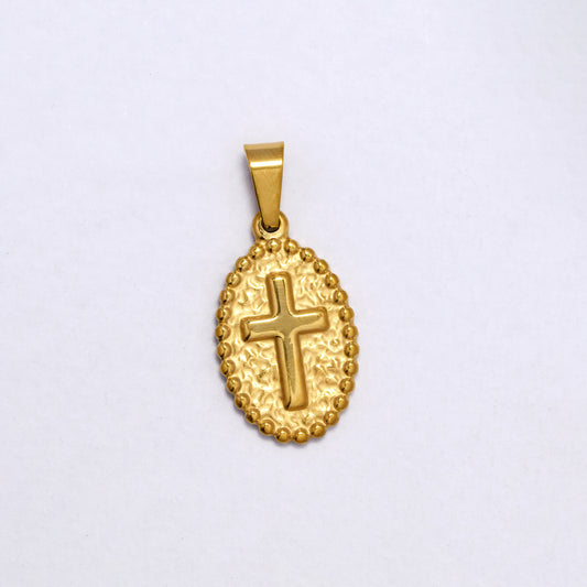SSYP7188 - Steel 23mm x 14mm textured oval disk & cross pendant